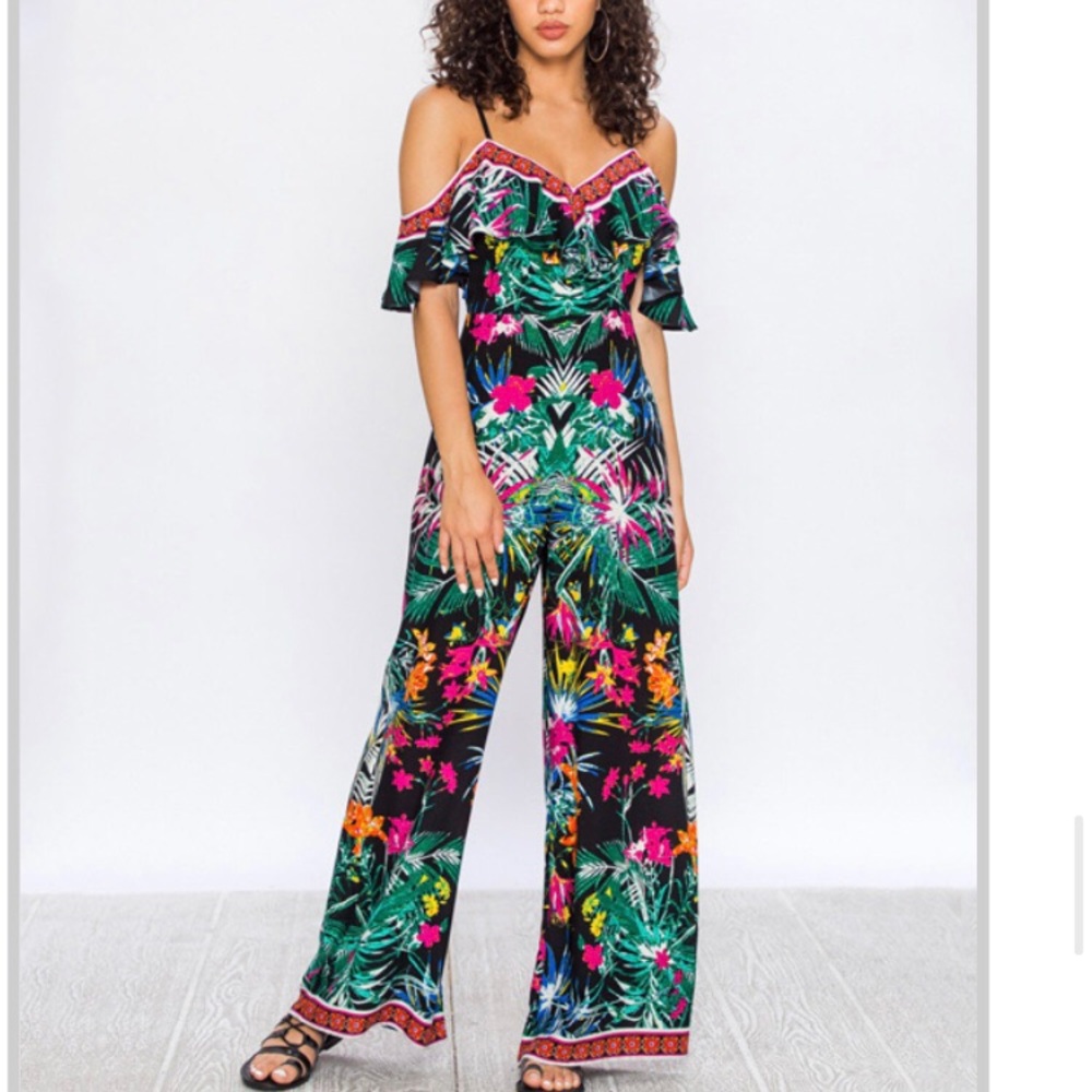 Black & Green Foliage Off-shoulder Jumpsuit
